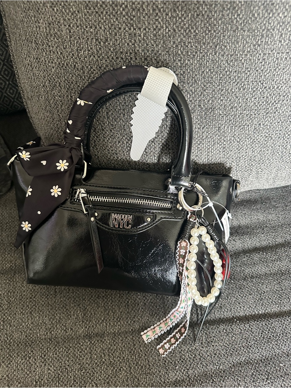 Black Patent Leather Satchel with Decorative Charm - Madden NYC Accent